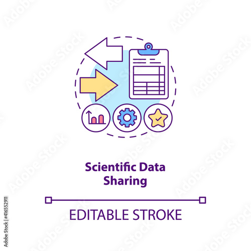 Scientific data sharing concept icon. Published study in journal idea thin line illustration. Additional information. Scientific method. Vector isolated outline RGB color drawing. Editable stroke