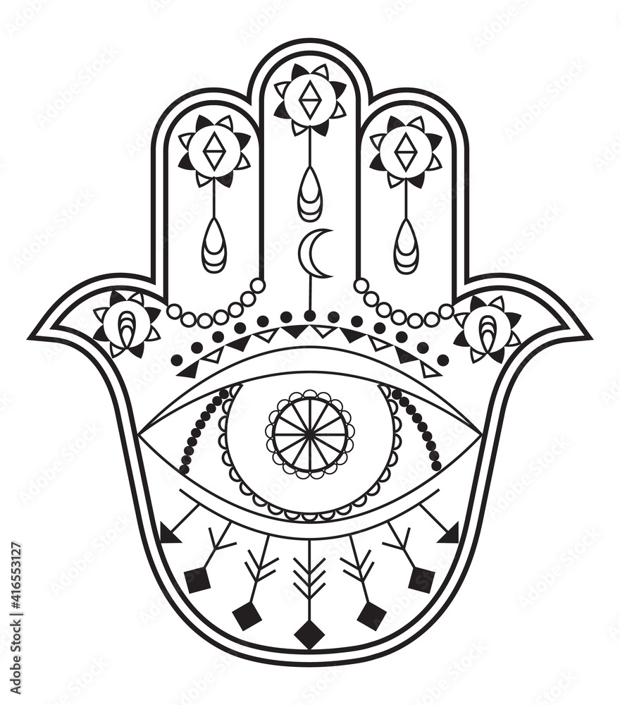 Hamsa hand vector with mystical, esoteric symbols like pyramid, evil eye.  Indian color page, tattoo, henna illustration. Wicca, astrological, occult  art. Stock Vector | Adobe Stock