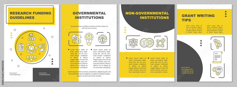 Naklejka premium Research funding guidelines brochure template. Non governmental. Flyer, booklet, leaflet print, cover design with linear icons. Vector layouts for magazines, annual reports, advertising posters