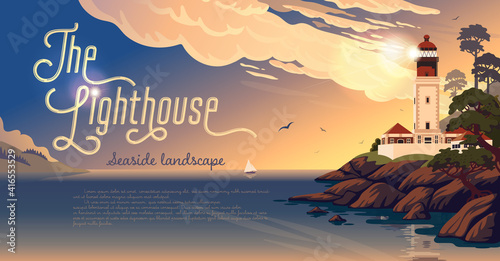 Lighthouse - vector landscape. Sea landscape with beacon on the beach on sunset. Vector horizontal illustration in flat cartoon style