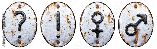 Fotografie Set of symbols question mark, exclamation point, female, male made of forged metal on the background fragment of a metal surface with cracked rust