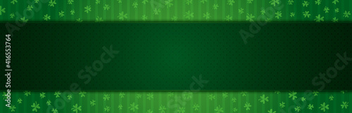 Green Patricks Day greeting banner with green clovers. Patrick's Day holiday design. Horizontal background, headers, posters, cards, website. Vector illustration