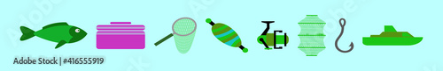 set of fishing cartoon icon design template with various models. vector illustration isolated on blue background