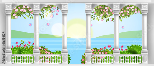Vector palace balustrade, ancient roman marble balcony with arches, pillars, handrail, blossom, roses, bushes. European classic architecture background with spring landscape. Summer palace columns