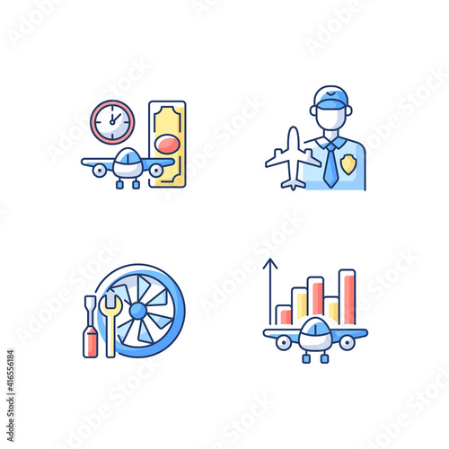 Aviation RGB color icons set. Aircraft maintenance. Airlines management improvement. Aviation security and fligts safety. Budget analysis. Aircraft rental. Isolated vector illustrations photo