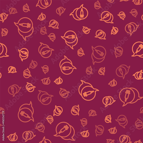 Brown line Addiction to the drug icon isolated seamless pattern on red background. Heroin, narcotic, addiction, illegal. Sick junkie with a syringe and medical pills. Vector.