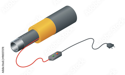 Isometric vector illustration steel pipes in insulation isolated on white background. Realistic pipe with heat insulation and heating cable icon in flat cartoon style. Thermal insulation PE foam.