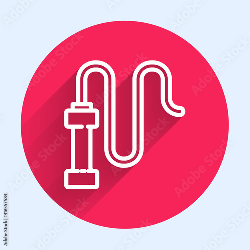White line Braided leather whip icon isolated with long shadow. Red circle button. Vector.