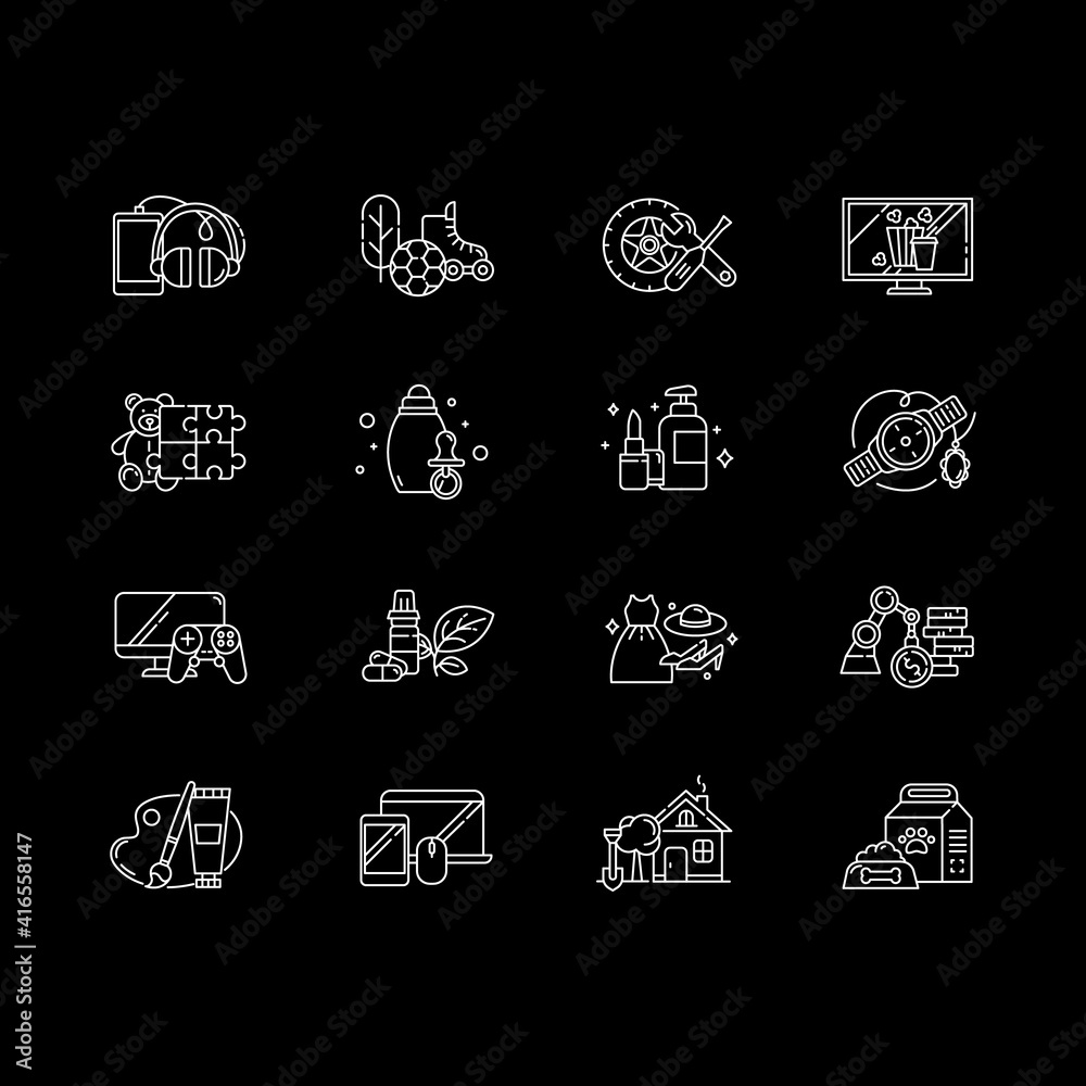 Online shopping category white linear icons set for dark theme. E commerce department. Night mode customizable thin line symbols. Isolated vector outline illustrations. Editable stroke