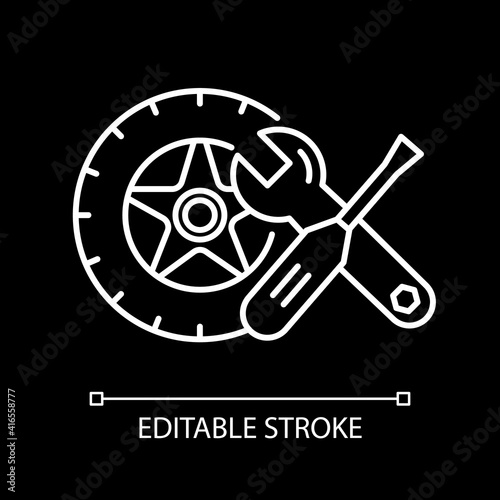 Auto parts white linear icon for dark theme. Car repair service. Mechanic workshop. Thin line customizable illustration. Isolated vector contour symbol for night mode. Editable stroke