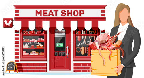 Butcher shop store facade with woman cutomer. Meat street market. Meat store stall showcase counter. Sausage slices delicatessen gastronomic product of beef pork chicken. Flat vector illustration