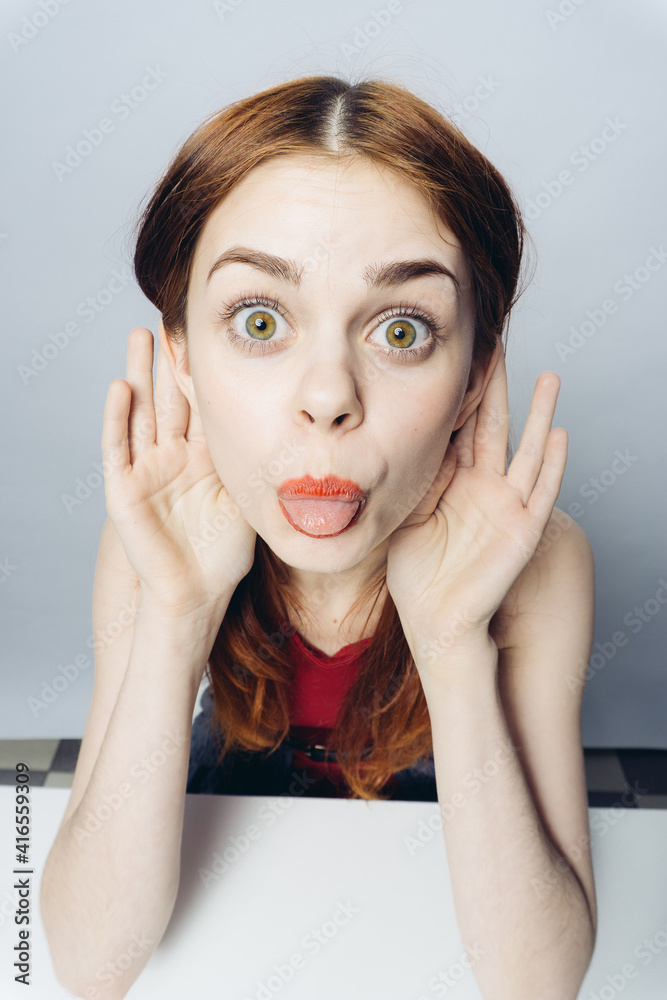 cheerful woman with wide open mouth spread her ears close-up emotions cheerful woman with wide open mouth spread her ears close-up emotions