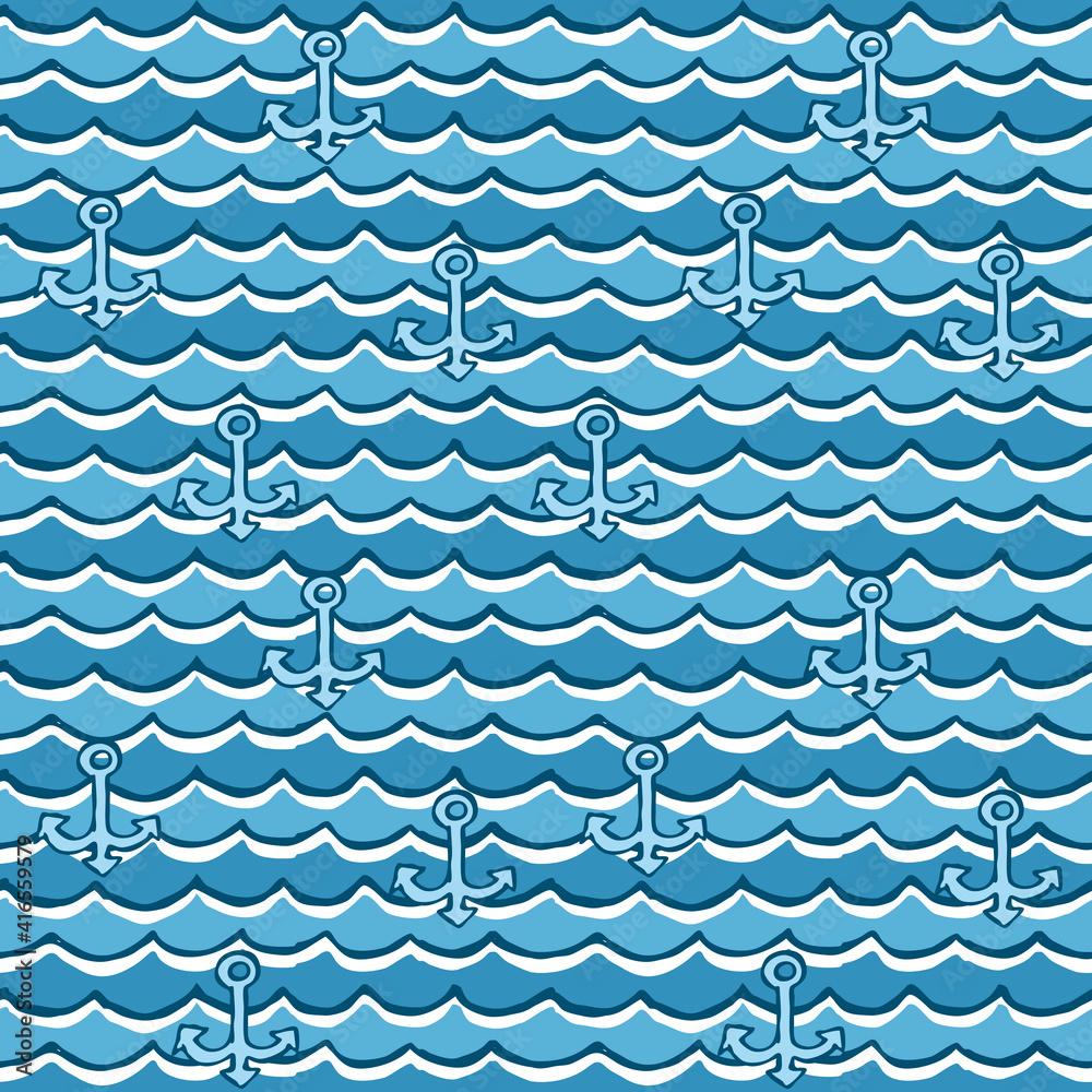 Seamless pattern of anchors on waves, dark blue. Nautical style vector pattern with anchors and waves.