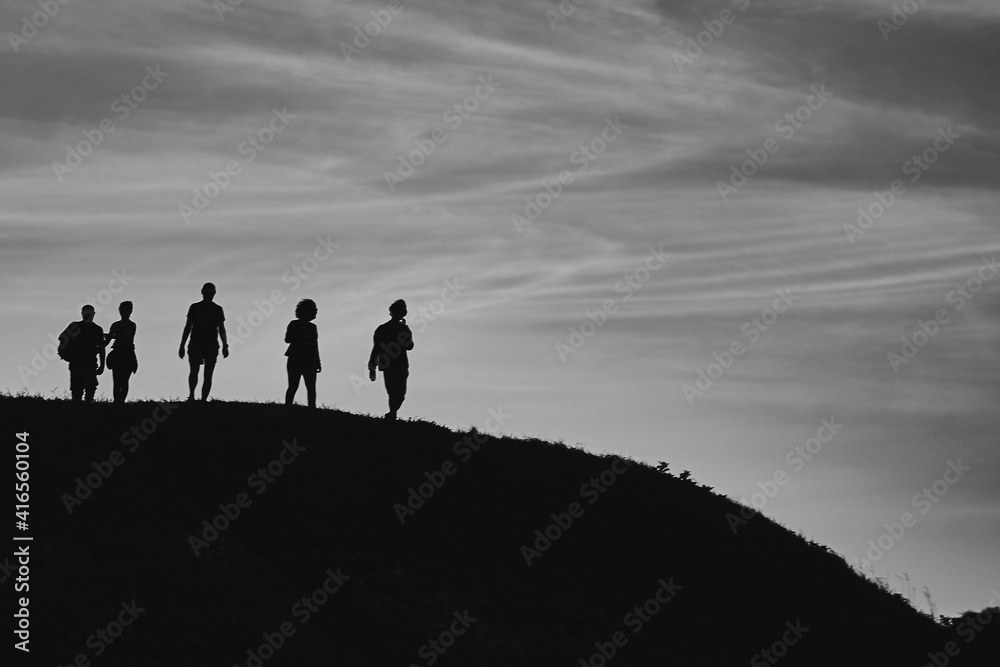 several mysterious stories of people and couples in one picture in shadows