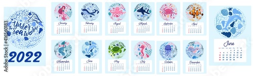 Marine life. calendar design template for 2022, A4 format. Week starts on Sunday. Whale, mermaid, snail, shark, crab, stingray, seahorse, dolphin, octopus, turtle
