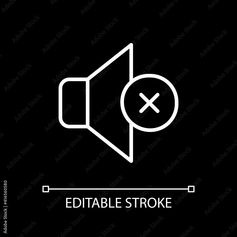 Silent mode setting white linear icon for dark theme. Sounds control. Silence notifications. Thin line customizable illustration. Isolated vector contour symbol for night mode. Editable stroke Silent mode setting white linear icon for dark theme. Sounds control. Silence notifications. Thin line customizable illustration. Isolated vector contour symbol for night mode. Editable stroke