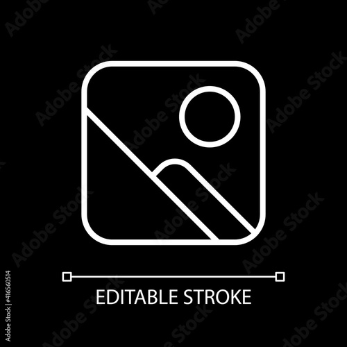 Photo gallery app white linear icon for dark theme. Photos and videos. Images sorting and searching. Thin line customizable illustration. Isolated vector contour symbol for night mode. Editable stroke