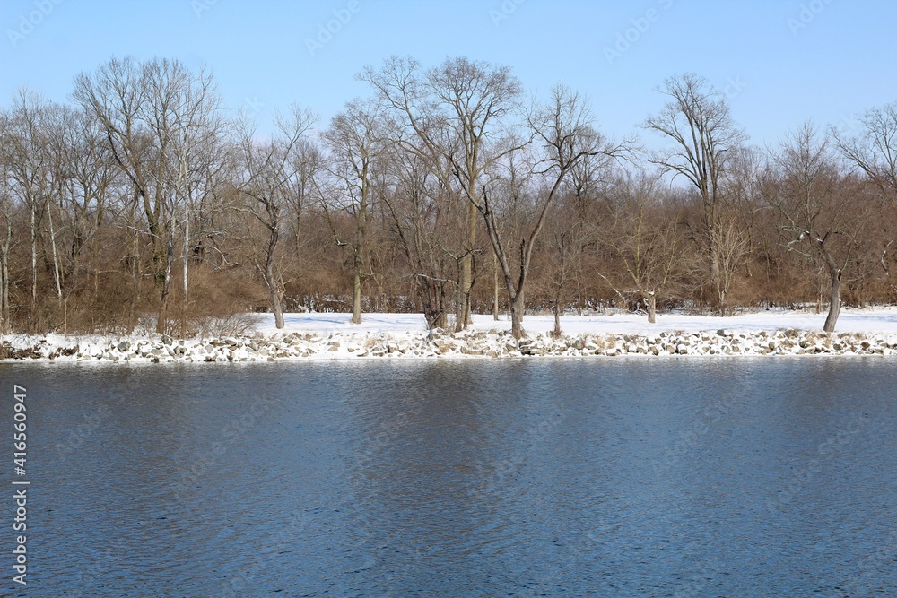 A view of the flowing river in the snowy park.