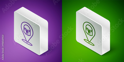 Isometric line Greek helmet icon isolated on purple and green background. Antiques helmet for head protection soldiers with a crest of feathers or horsehair. Silver square button. Vector.