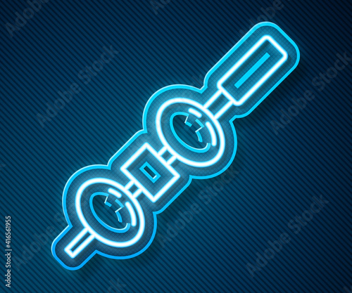 Glowing neon line Olive and cheese on chopstick icon isolated on blue background. Canape, tapas with cheese and olive. Vector.