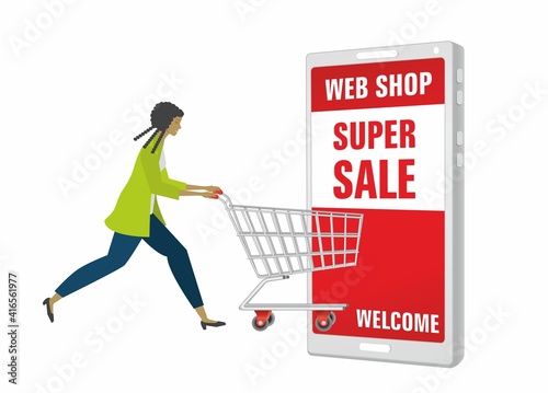 Woman running with shopping cart into web shop supersale online. Vector illustration. EPS10. photo