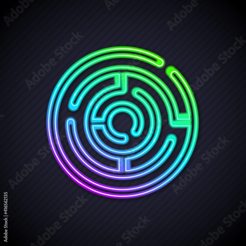 Glowing neon line Minotaur maze or labyrinth icon isolated on black background. Ancient Greek mythology. Vector.
