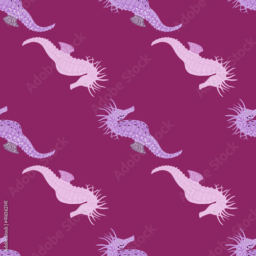 Minimalistic style seamless pattern with hand drawn seahorse doodle silhouettes. Purple background.