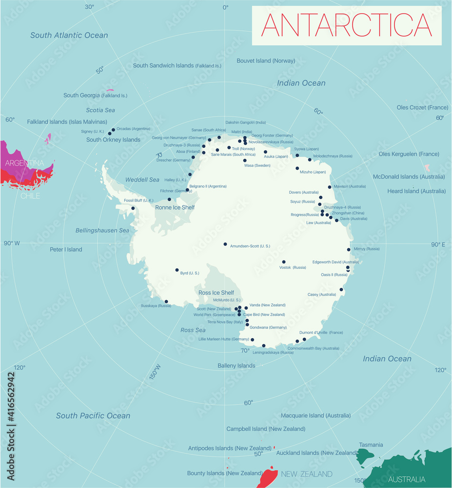 Antarctica editable map with countries cities and bases and geographic  sites. Vector EPS-10 file Stock ベクター | Adobe Stock