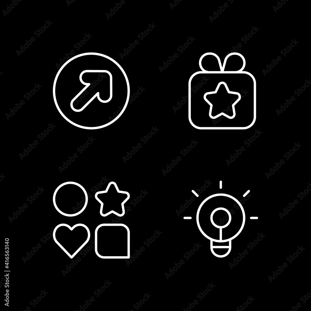 Mobile application white linear icons set for dark theme. Sending gifts. Shape signs for app. Night mode customizable thin line symbols. Isolated vector outline illustrations. Editable stroke