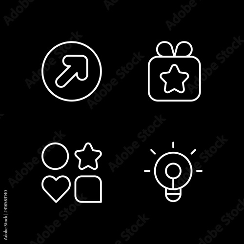 Mobile application white linear icons set for dark theme. Sending gifts. Shape signs for app. Night mode customizable thin line symbols. Isolated vector outline illustrations. Editable stroke