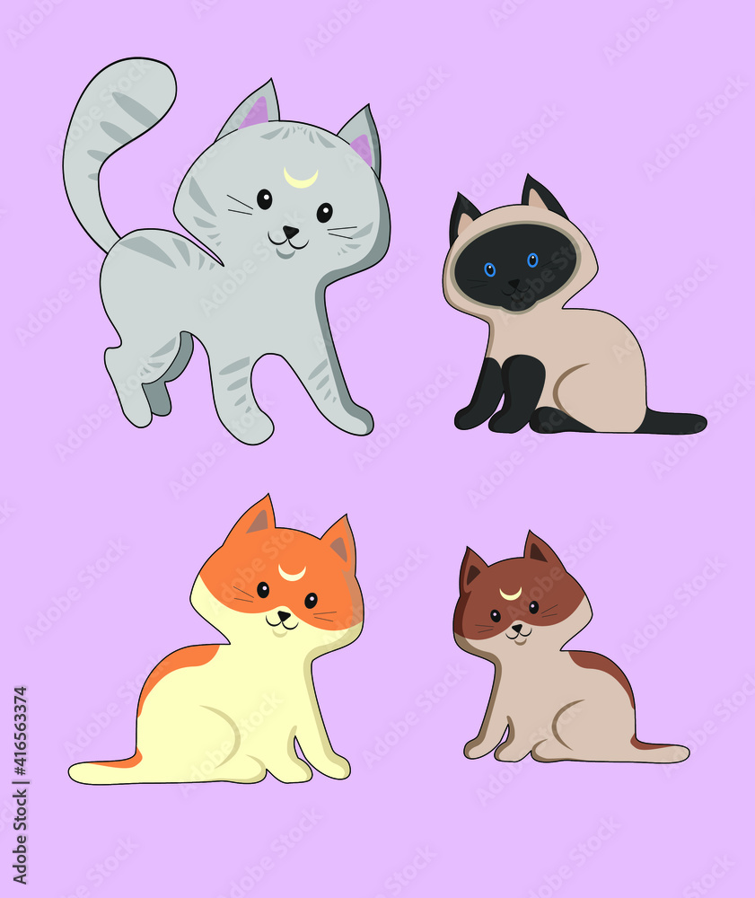A set of four cute cats of different breeds A set of four cute cats of different breeds