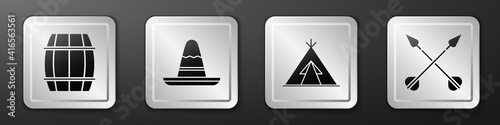 Set Wooden barrel, Mexican sombrero hat, Indian teepee or wigwam and Crossed arrows icon. Silver square button. Vector.