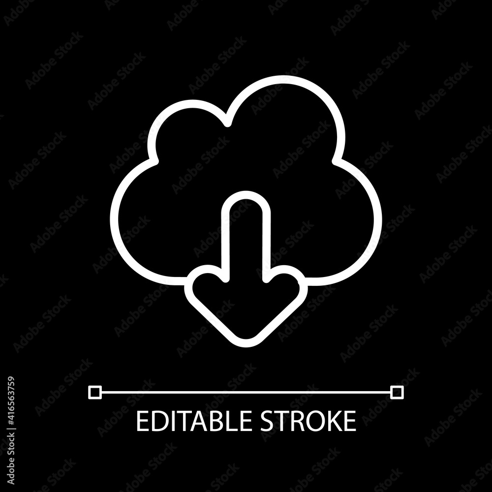 Download white linear icon for dark theme. Getting information from remote cloud storage. Thin line customizable illustration. Isolated vector contour symbol for night mode. Editable stroke Download white linear icon for dark theme. Getting information from remote cloud storage. Thin line customizable illustration. Isolated vector contour symbol for night mode. Editable stroke