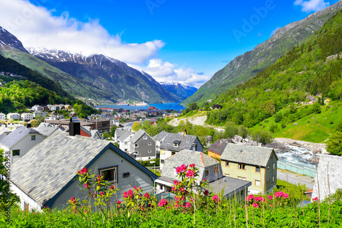 The beautiful town of Odda, surrounding the southern end of the Sorfjorden. Also main commercial and economic center of Hardanger region. photo
