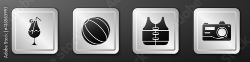 Set Cocktail and alcohol drink, Beach ball, Life jacket and Photo camera icon. Silver square button. Vector.
