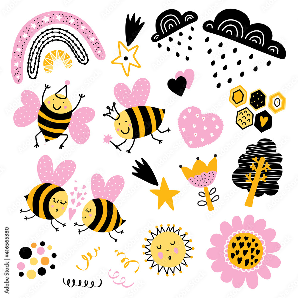 Fototapeta premium Cute set with bees, rainbows and stars.
