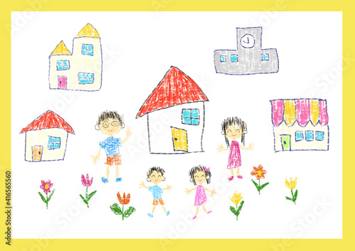 子供が書いたようなイラスト　クレヨン　色鉛筆　家族　マイホーム　お出かけ