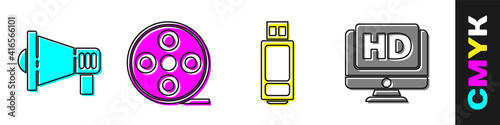 Set Megaphone, Film reel, USB flash drive and Monitor with HD video icon. Vector.