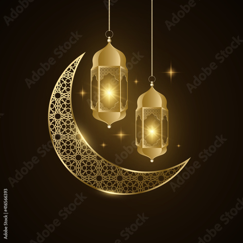 Ramadan Kareem golden lantern and moon with islamic pattern glow in the night. Eid Mubarak. Holy month for fasting Muslims. Holiday religious flyer. Vector illustration.