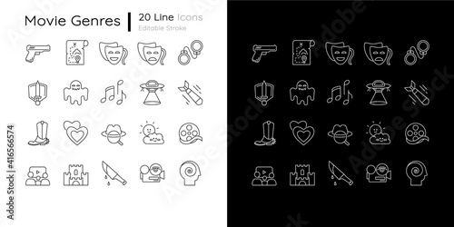 Film genres linear icons set for dark and light mode. Action comedy, drama movie. Cinema entertainment. Customizable thin line symbols. Isolated vector outline illustrations. Editable stroke