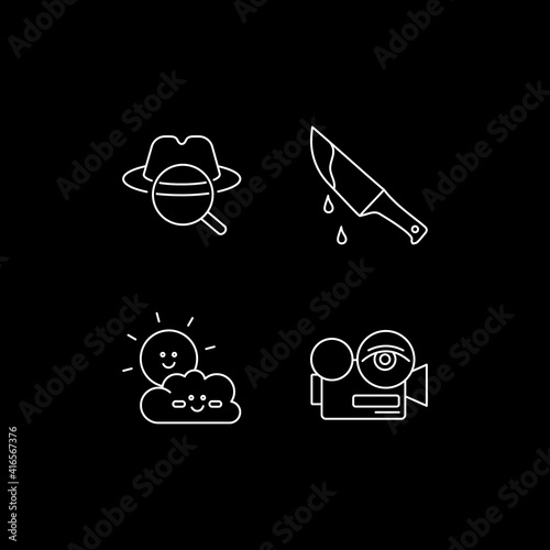 Film genres categories white linear icons set for dark theme. Detective movie. Children cartoon. Night mode customizable thin line symbols. Isolated vector outline illustrations. Editable stroke
