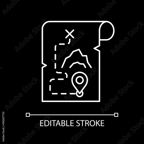 Adventure film white linear icon for dark theme. Popular movie genre, filmmaking category. Thin line customizable illustration. Isolated vector contour symbol for night mode. Editable stroke