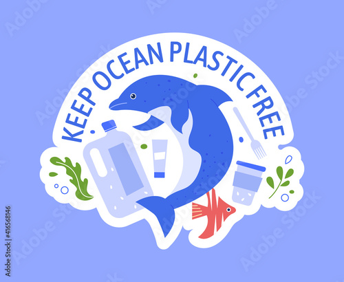 Keep ocean plastic free, global pollution problem. Garbage and plastic in sea, save ecology environment flora and fauna illustration vector