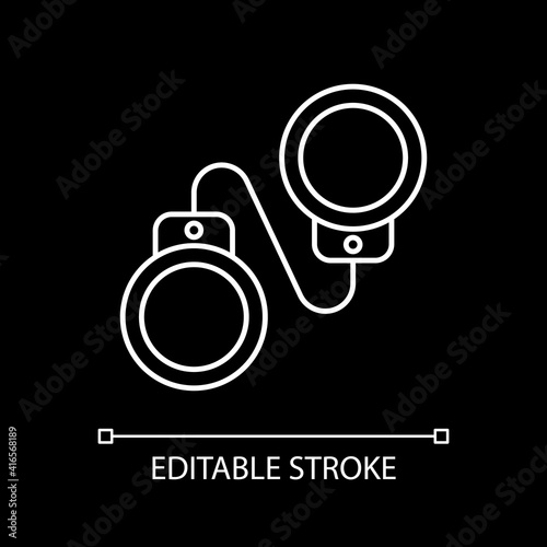Criminal drama white linear icon for dark theme. Popular movie genre, cinema category. Hand cuffs. Thin line customizable illustration. Isolated vector contour symbol for night mode. Editable stroke