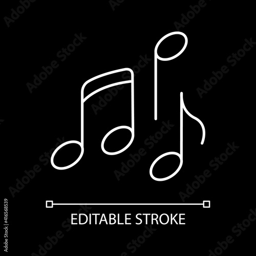 Musical white linear icon for dark theme. Traditional movie genre, artistic cinematography. Thin line customizable illustration. Isolated vector contour symbol for night mode. Editable stroke