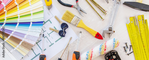 home improvement and renovation concept - construction tools and items. selective focus.