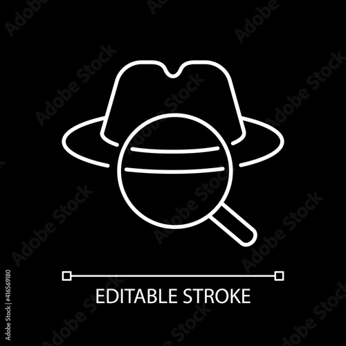 Detective white linear icon for dark theme. Traditional movie genre, classic noir film. Thin line customizable illustration. Isolated vector contour symbol for night mode. Editable stroke