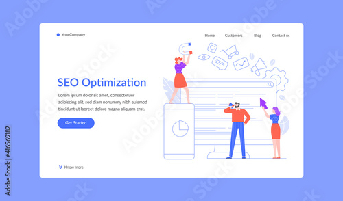 SEO optimization landing page, team work with content. Vector seo strategy, people management, teamwork analytics conversion illustration