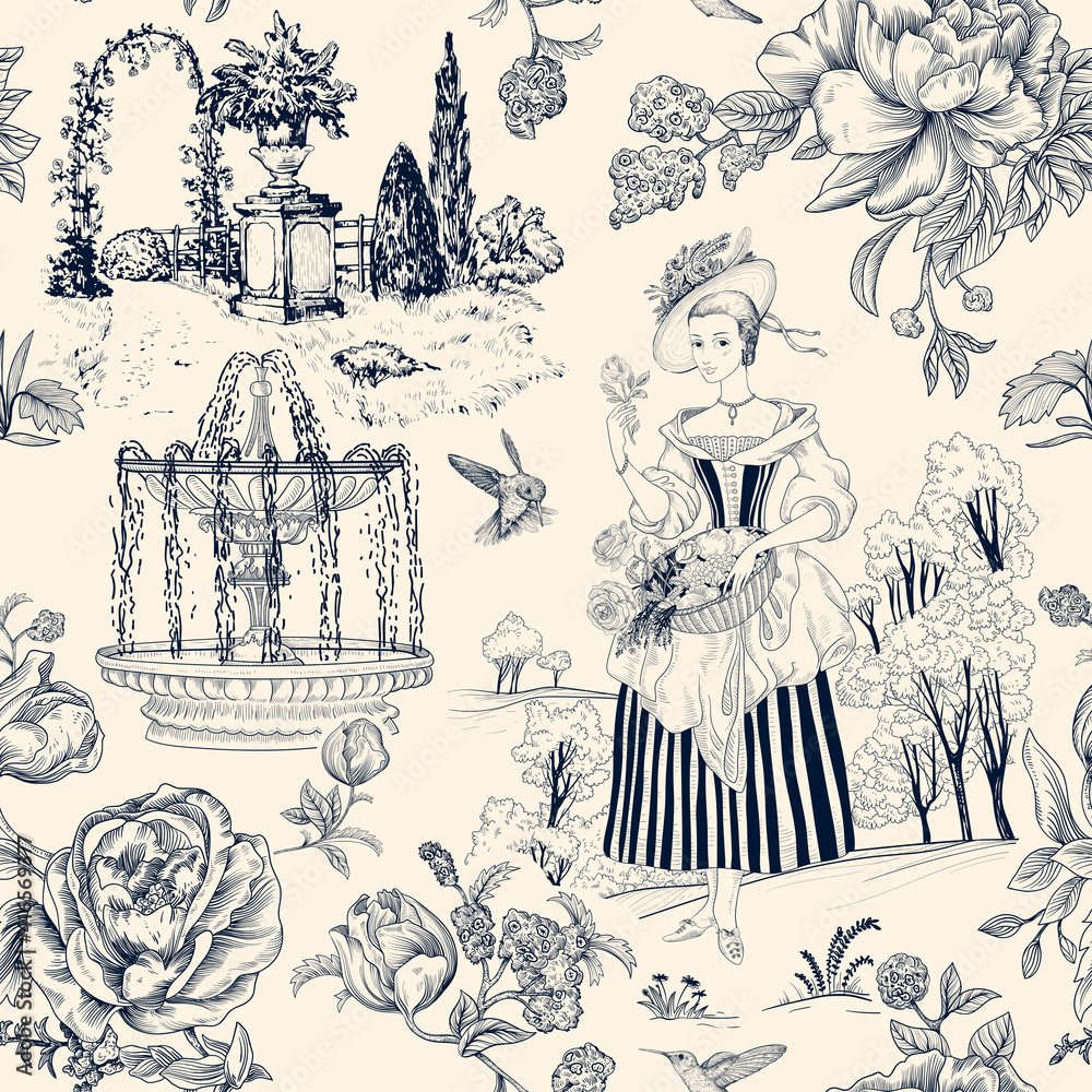 Vector seamless pattern Toile de Jouy. French provence wallpaper. Light nature background. Digital paper provence style. Vector pattern. Decoupage vector pattern, elegant life, love, people.  