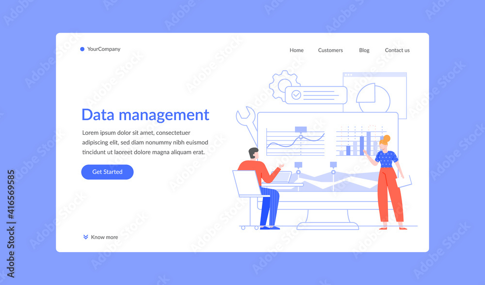 Data management analysis chart business landing page. Vector business information management, office database diagram charts cloud illustration